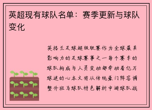 英超现有球队名单：赛季更新与球队变化