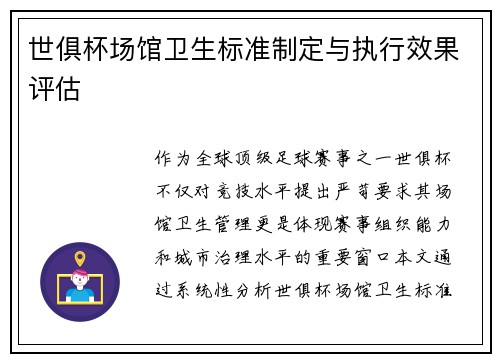 世俱杯场馆卫生标准制定与执行效果评估
